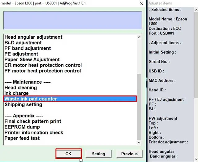 reset epson l800 adjustment program
